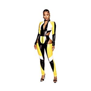 Yellow Black and white color block faux leather jumpsuit. Size S